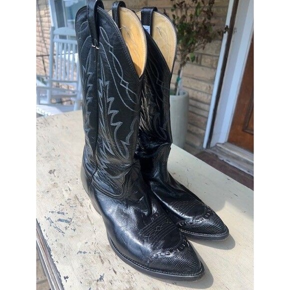 Nocona Vtg Black Premium Leather Cowboy Boots w/lizardskin Wingtips Mn’s Sz 10.5 main image 7